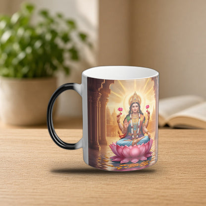 Goddess Lakshmi color-changing mug on a cozy morning desk