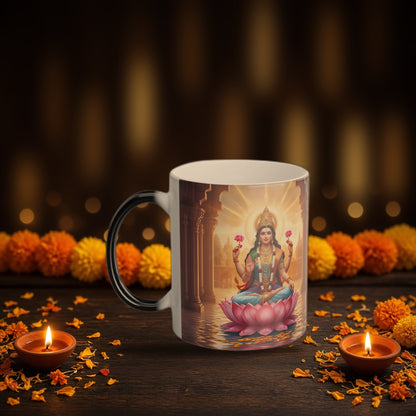 Goddess Lakshmi color-changing mug with Diwali diyas and festive lights