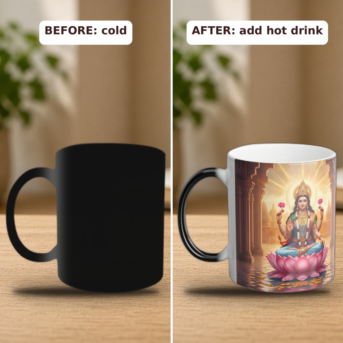 Goddess Lakshmi color-changing mug before and after hot liquid, color-changing effect