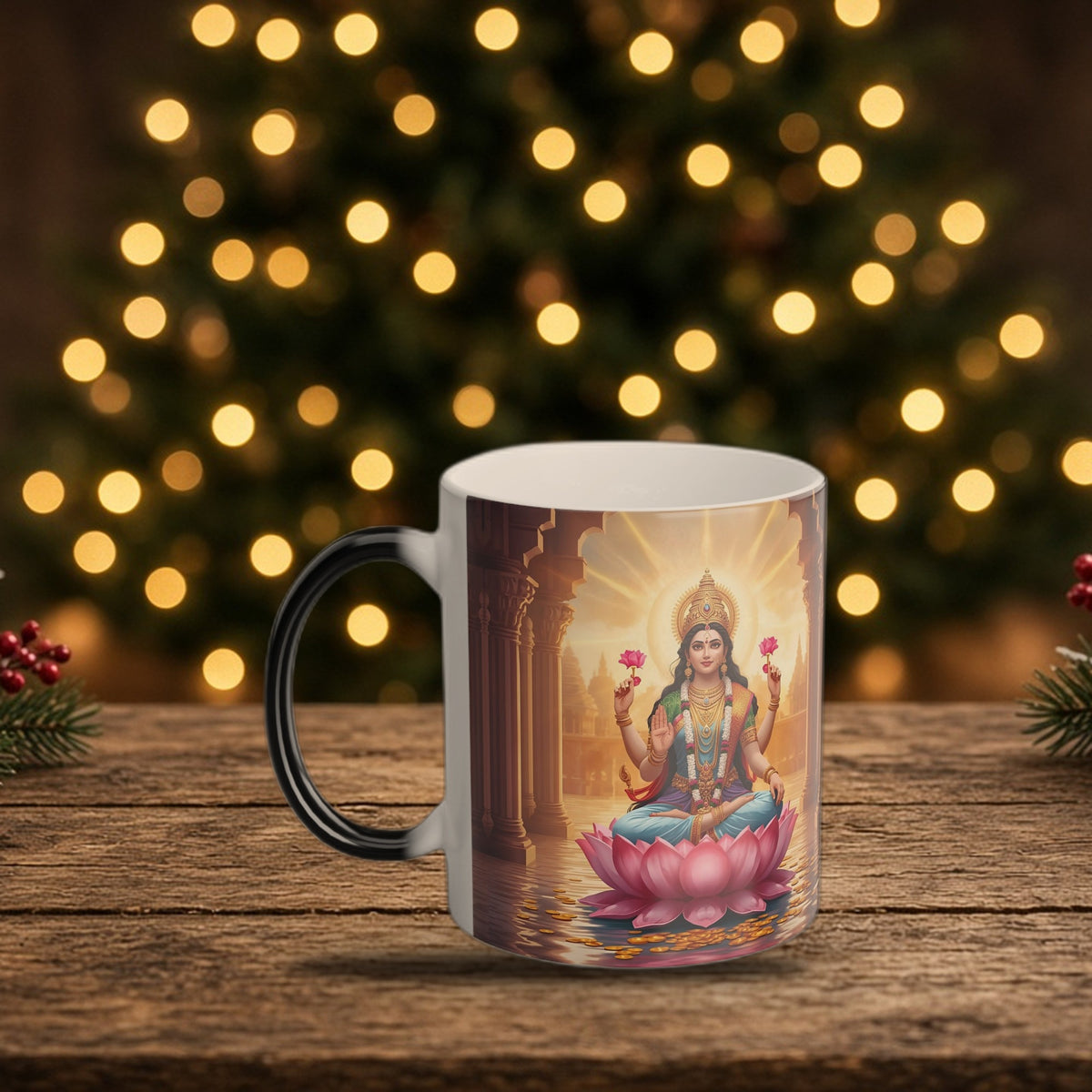 Goddess Lakshmi color-changing mug in a Christmas holiday setting