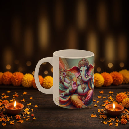 Lord Ganesha Diwali mug with Diwali diyas and festive lights