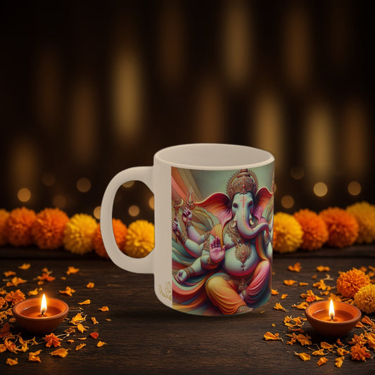 Lord Ganesha Diwali mug with Diwali diyas and festive lights