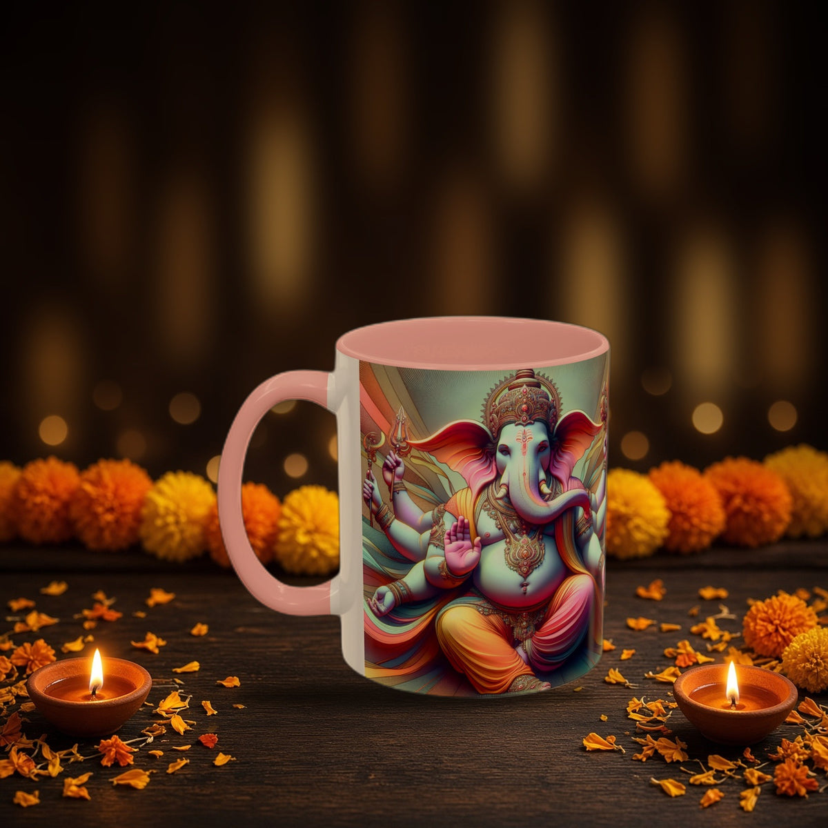 Lord Ganesha spiritual two-tone mug with Diwali diyas and festive lights