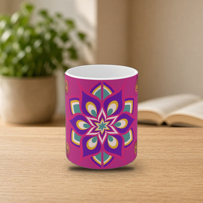 Rangoli mandala mug on a cozy morning desk
