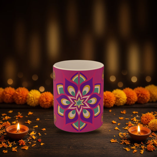 Rangoli mandala mug with Diwali diyas and festive lights