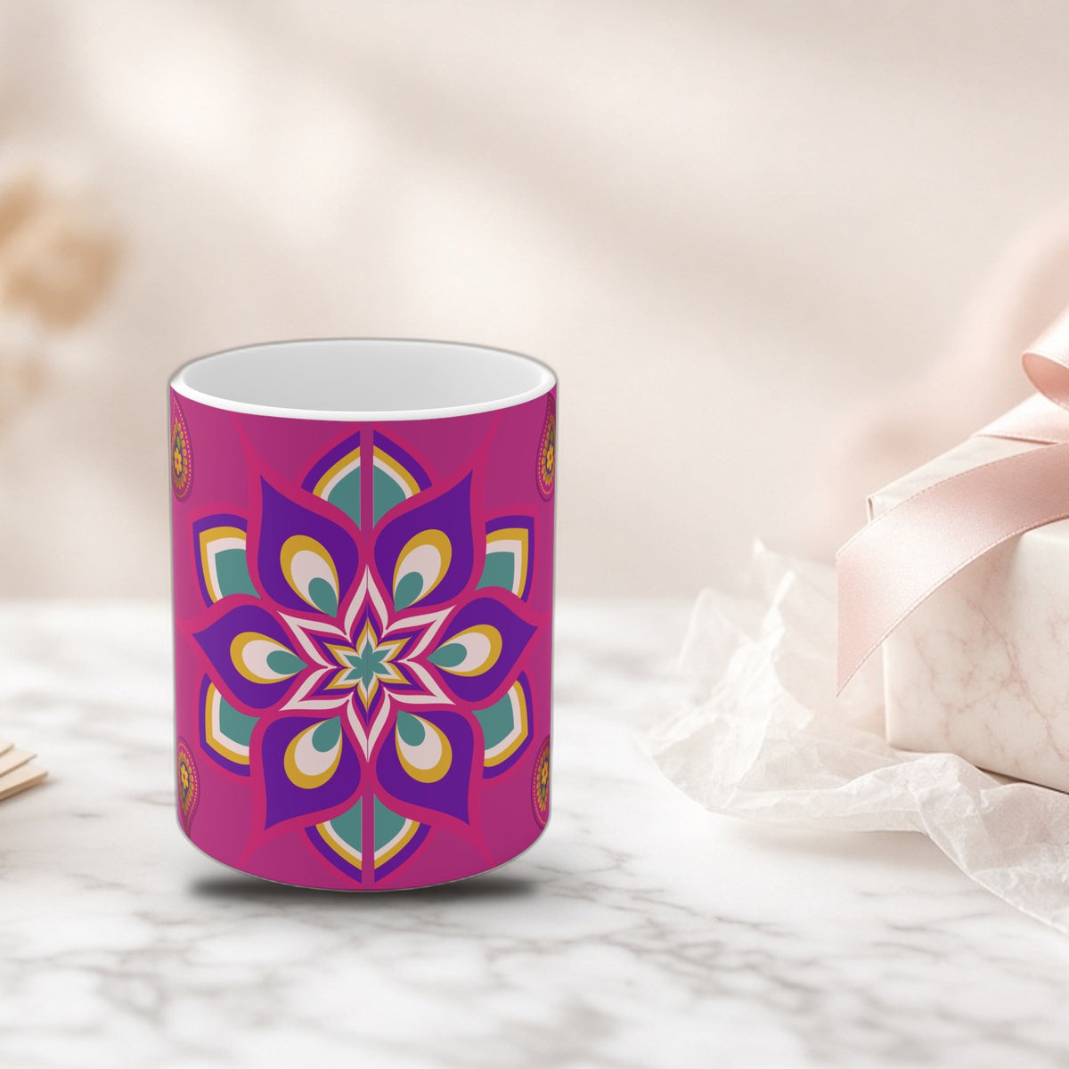 Rangoli mandala mug as a wrapped gift