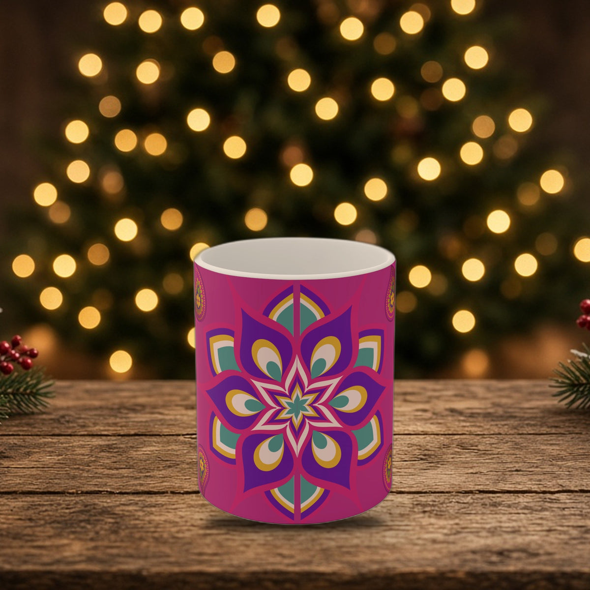 Rangoli mandala mug in a Christmas holiday setting