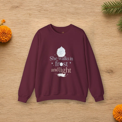 she walks in frost and light sweatshirt