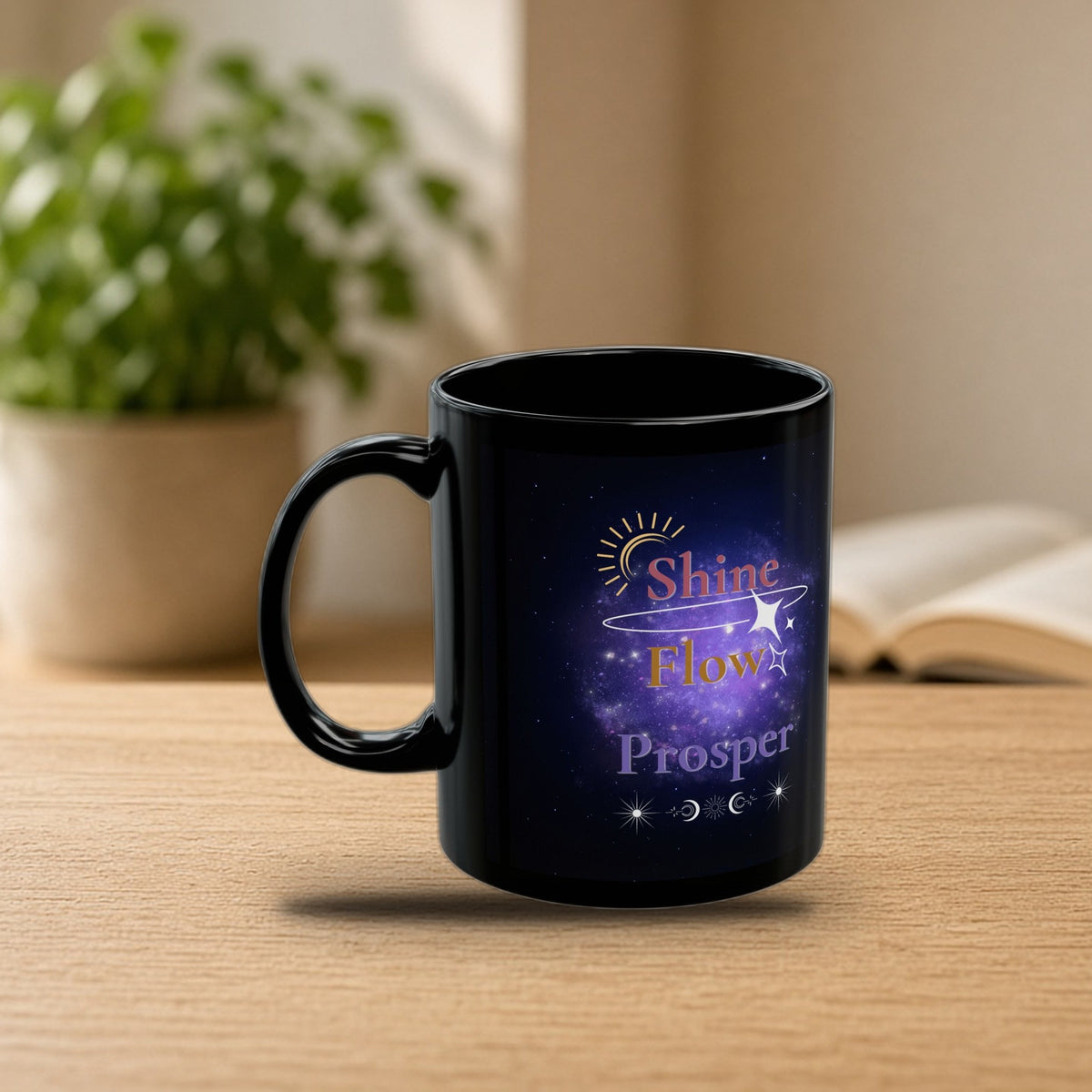 Shine Flow Prosper black mug on a cozy morning desk