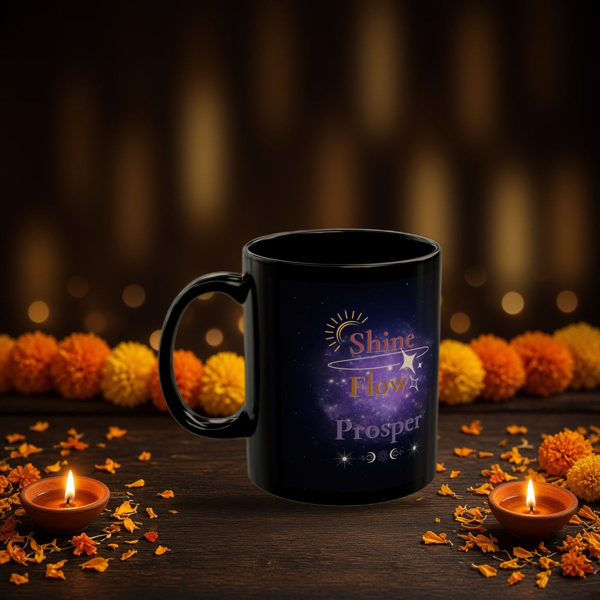 Shine Flow Prosper black mug with Diwali diyas and festive lights
