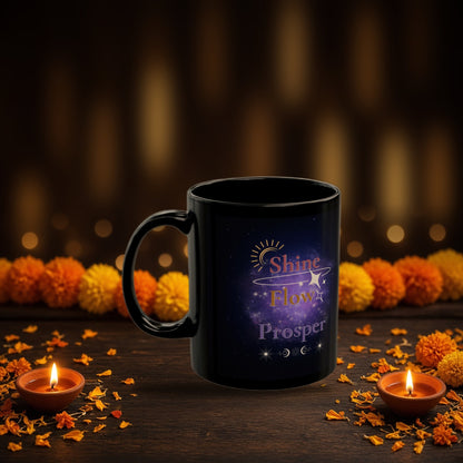 Shine Flow Prosper black mug with Diwali diyas and festive lights