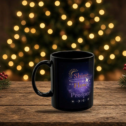 Shine Flow Prosper black mug in a Christmas holiday setting