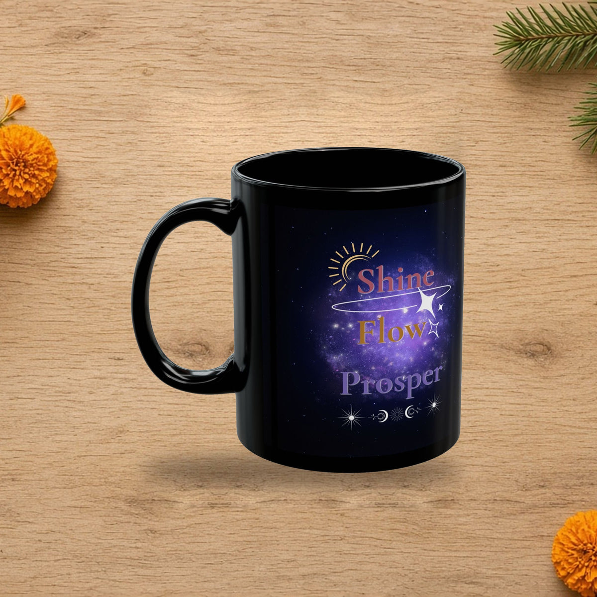 shine flow prosper black mug