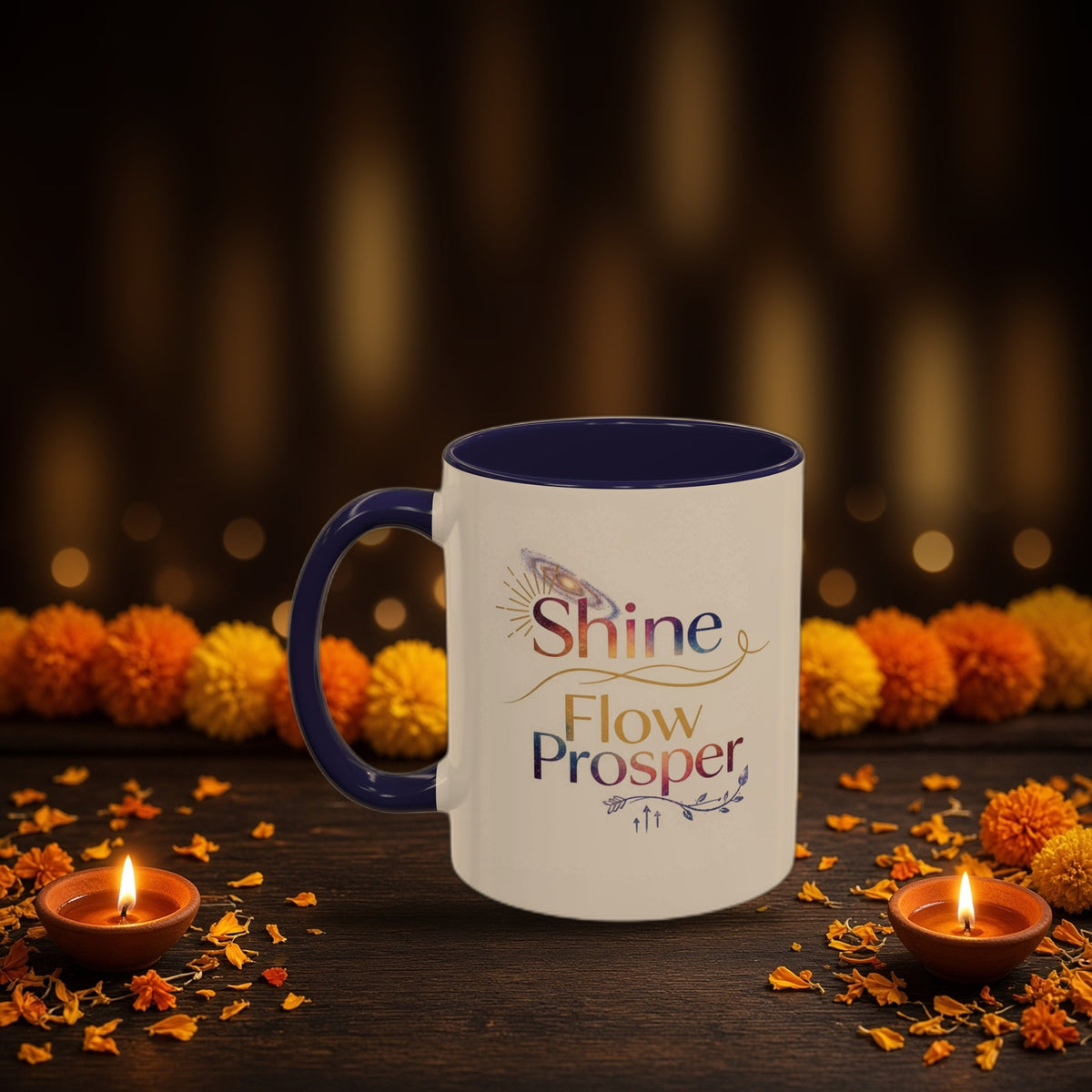 Shine Flow Prosper cosmic galaxy mug with Diwali diyas and festive lights
