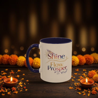 Shine Flow Prosper cosmic galaxy mug with Diwali diyas and festive lights