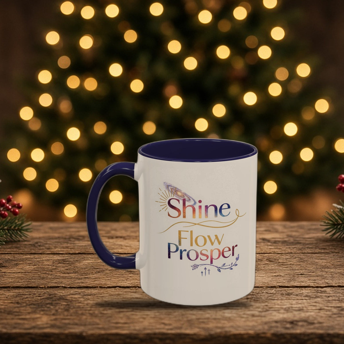Shine Flow Prosper cosmic galaxy mug in a Christmas holiday setting