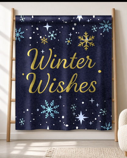 Winter Wishes navy and gold sherpa blanket draped on an oak ladder in a bright living room